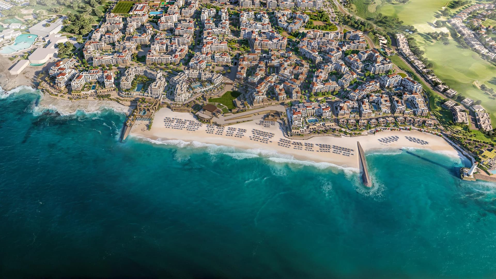 Aerial render of Yemm Beach Plaza above the beach and the pier