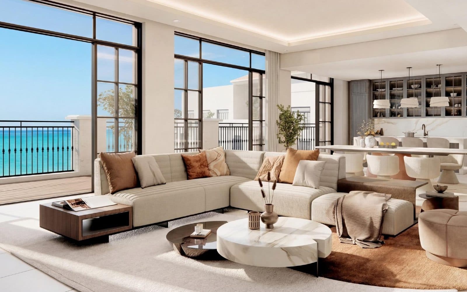 Render of a Beach Plaza living room with floor-to-ceiling windows facing the sea
