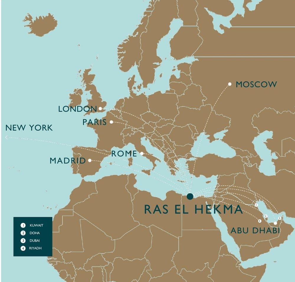 Map of Europe, the Gulf and New York with Ras El Hekma marked