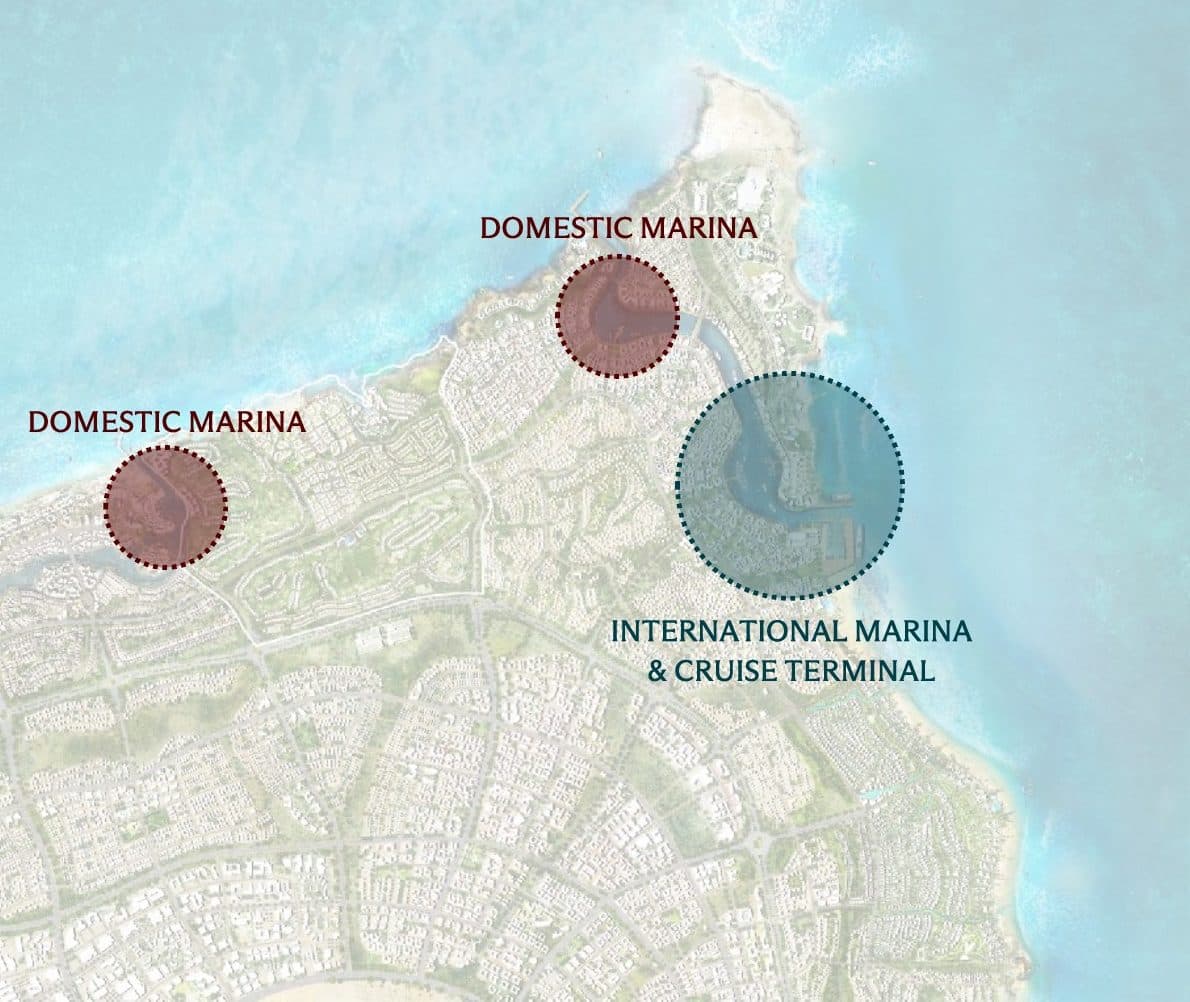 Map of the three Ras El Hekma marinas and the cruise terminal