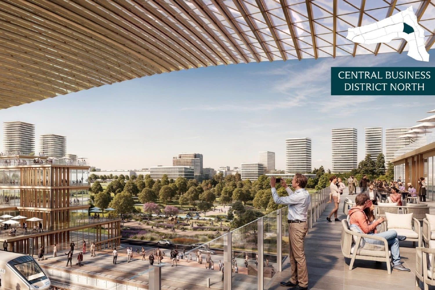 Modon render of Central Business District North, with a small master plan showing where it sits in Ras El Hekma