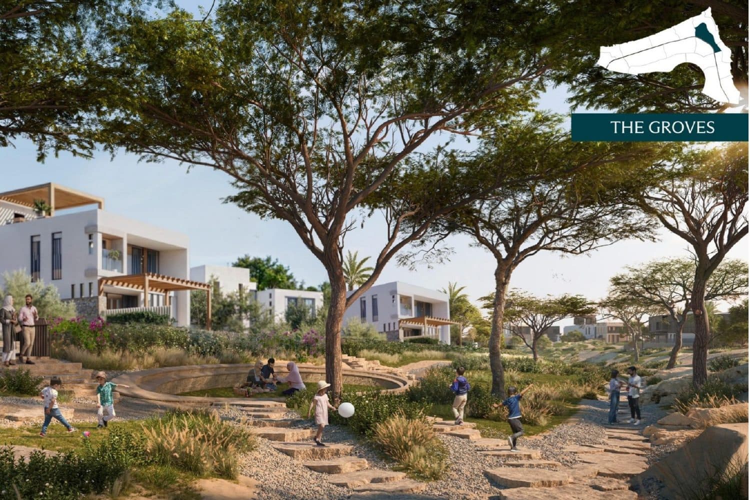 Modon render of The Groves, with a small master plan showing where it sits in Ras El Hekma