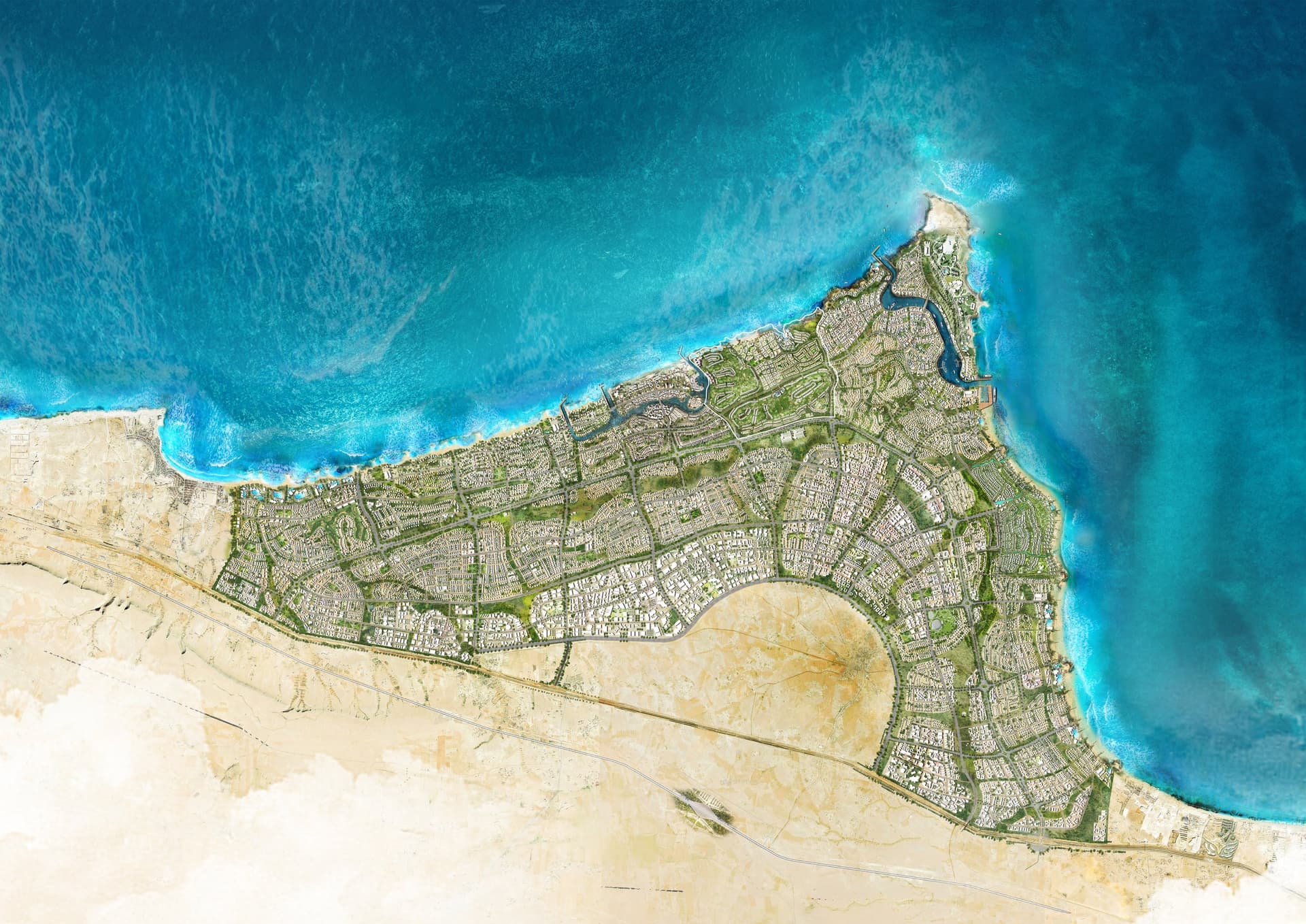 Map of Ras El Hekma from above: the whole city on its headland, from the coast to the desert